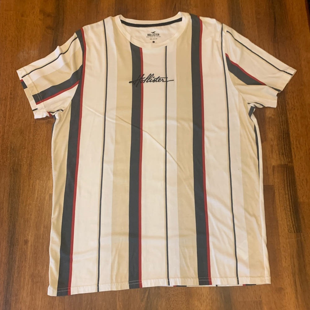 Hollister T-shirt Men's Large Stripe Cream, Red, Black Short Sleeve 100% Cotton